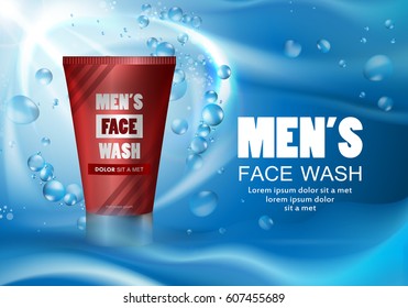 Face wash tube isolated on blue backdrop.Plastic tube,new design cosmetics creme.Modern style.For web site,advertisement,marketing and social network.Also useful for flyer,placard,leaflet and pamphlet