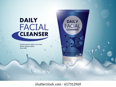 Face wash tube isolated on blue backdrop.Plastic tube,new design cosmetics creme.Modern style.For web site,advertisement,marketing and social network.Also useful for flyer,placard,leaflet and pamphlet