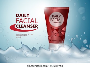 Face wash tube isolated on blue backdrop.Plastic tube,new design cosmetics creme.Modern style.For web site,advertisement,marketing and social network.Also useful for flyer,placard,leaflet and pamphlet