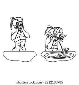 face wash woman line pencil drawing vector. skin facial care girl, young beauty foam, water soap clean face wash woman character. people Illustration
