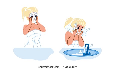 face wash woman vector. skin facial care girl, young beauty foam, water soap clean face wash woman character. people flat cartoon illustration