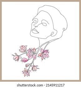 a face with watercolor flowers in the style of one line
