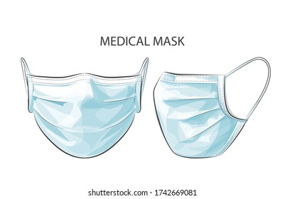 Face Wearing Disposable Medical Surgical Facial Mask Profile, Side, Front View. Protect Against Air Toxic Pollution City. Stop The Spread  Viruses, Prevent Transmissions. Vector Illustration