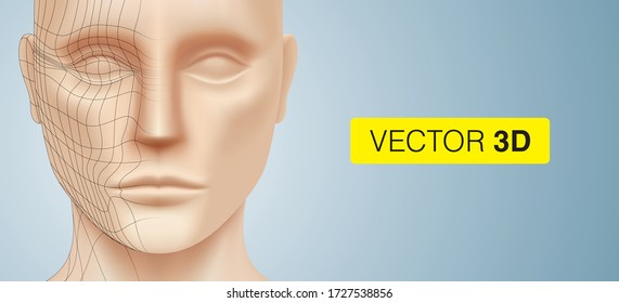 The face of a white young man with polygonal lines, isolated on a silver colored background. Model sculpting and rendering concept illustration. 3D modeling vector background.
