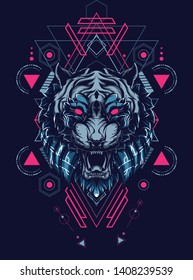 face of wild tiger with sacred geometry pattern 