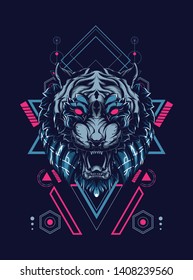 face of wild tiger with sacred geometry pattern 
