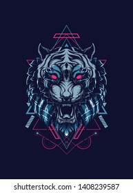 face of wild tiger with sacred geometry pattern 