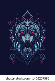 face of wild tiger with sacred geometry pattern 