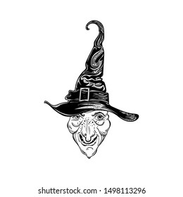 The face of a witch enchantress in a hat. An eerie sort of magical character, sorcerer. Print  tattoo for Halloween, all saints day. The ugly head of an old woman.  