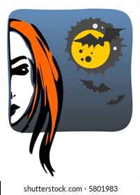 The face of a witch with red hair on a background of the moon and bats.