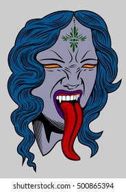 Face witch with vampire fangs, leaning long tongue