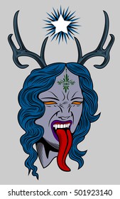 Face witch with vampire fangs, leaning long tongue with deer antlers and a star