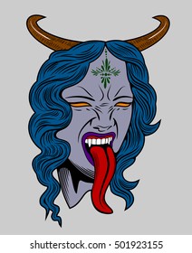 Face witch with vampire fangs, leaning long tongue with bull horns on her head