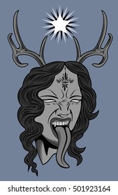 Face witch with vampire fangs, leaning long tongue with deer antlers and a star