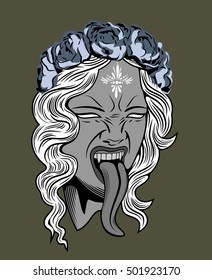 Face witch with vampire fangs, leaning long tongue with a wreath of roses