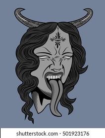 Face witch with vampire fangs, leaning long tongue with bull horns on her head