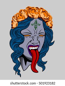 Face witch with vampire fangs, leaning long tongue with a wreath of roses