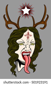 Face witch with vampire fangs, leaning long tongue with deer antlers and a star