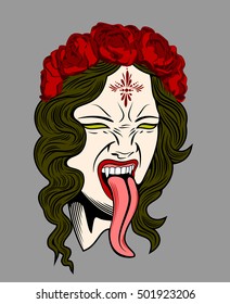 Face witch with vampire fangs, leaning long tongue with a wreath of roses