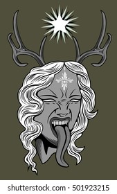 Face witch with vampire fangs, leaning long tongue with deer antlers and a star