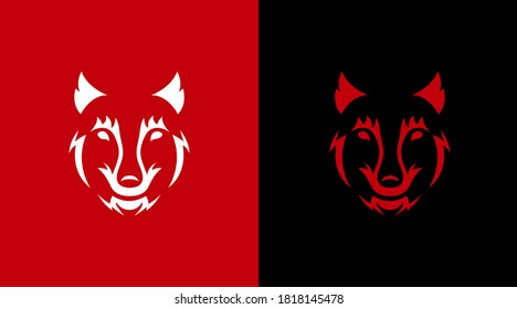 The face of a wolf on a black and red background. Wild animal horror illustration