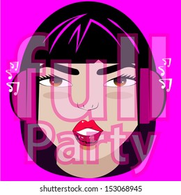 face of a woman with black hair, with headphones on her a text transparent fuchsia background.