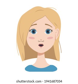 Face of a woman with blond hair, blue eyes and a bob haircut. Different emotions, happy, sad, surprised, joyful, distressed, angry facial expressions. Fashion avatar in flat vector art