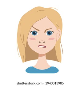 Face of a woman with blond hair, blue eyes and a bob haircut. Different emotions, happy, sad, surprised, joyful, distressed, angry facial expressions. Fashion avatar in flat vector art