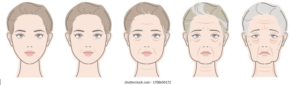 Face of a woman changing with age.  Vector illustration isolated on white background. - Shutterstock ID 1708650172