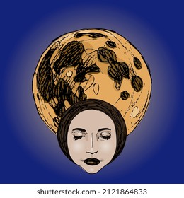 Face of a woman with closed eyes and full moon as her nimbus. Female archetype. Goddess Selene or Nyx. On blue background.