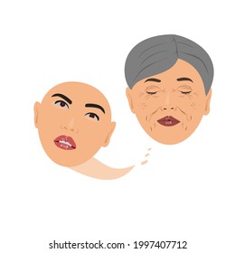 La cara de la mujer se compara entre piel joven y piel envejecida. Piel joven y envejecida sobre fondo blanco Vector aislado concepto de diseño plano para Belleza, cuidado de la piel, tratamiento de acné, pancarta de maquillaje o web