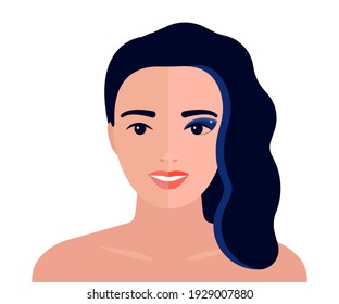 Face of woman with cosmetic and without makeup, transformation appearance. One half face of beautiful white woman with bright makeup and other is natural. Female beauty care. Vector illustration