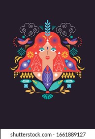 Face of woman and decoration elements. Vector template for card, poster, invitation, cover design,flyer and other . International women's day, other events. Flat design style