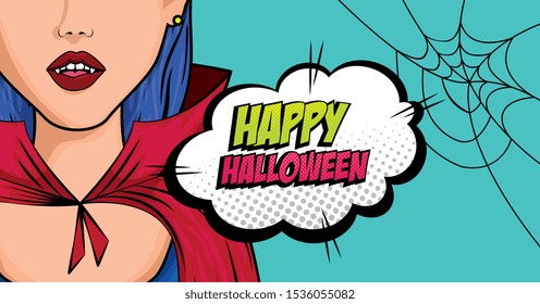 face woman disguised of vampire with cloud and spiderweb style pop art vector illustration design