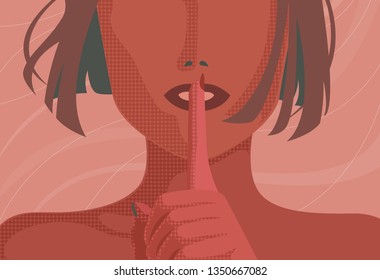 The face of a woman with a finger gesturing against her lips. hand drawn style vector design illustrations. 