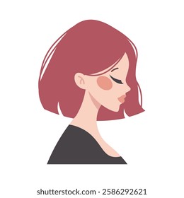 Face of woman in flat style. Facial profile of woman with short haircut. Vector illustration of character