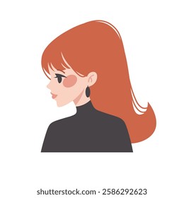 Face of woman in flat style. Face profile of  woman with long red hair. Vector illustration of character