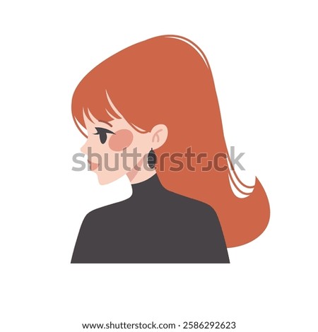 Face of woman in flat style. Face profile of  woman with long red hair. Vector illustration of character