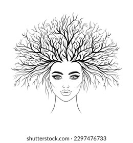 The face of a woman with a growing tree on her head.