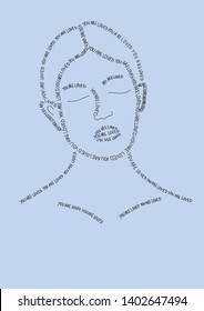 Face of a woman with her eyes closed made of phrase you are loved. Vector woman's face.