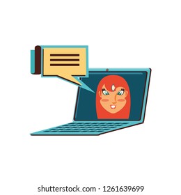 face of woman in laptop computer with speech bubble