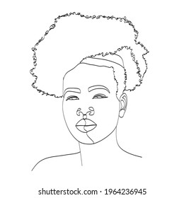 Face of A Woman, Line Art Drawing. Black Woman Vector. Afro American Female Logo. Contouring Line. Minimalist Face. Beauty salon