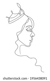 The face of woman long hair wearing a tiara continuous line drawing.Abstract minimal woman portrait,fashion concept,woman beauty minimalist,design print graphics style,vector illustration for t-shirt.