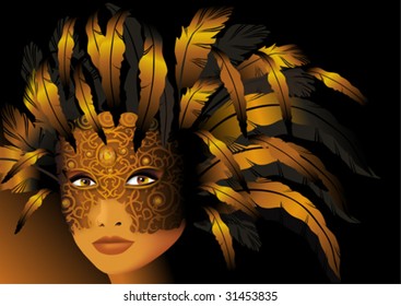 face of woman on gold mask on a black background