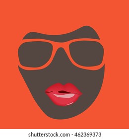 Face of a woman with red lips with hipster eyeglasses on. Fashion vector illustration in a pop art pin-up female style. Retro girl lipstick Kiss.