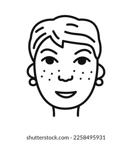 The face of a woman with a short haircut and freckles. Hand drawn portrait of person avatar in doodle style. Isolated vector illustration.