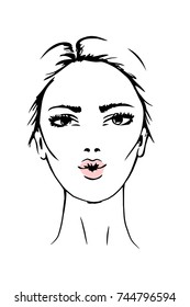 Face woman sketch,air kiss. Fashion portrait, vector illustration. Black lines isolated on white background.