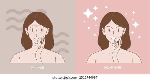 Cara de la mujer con problema de la piel en comparación con la piel sana. Chica tocando arrugas envejecidas, piel flácida y piel brillante a mano. Arrugado aislado. Dibujado a mano Ilustración vectorial de personaje de dibujos animados.