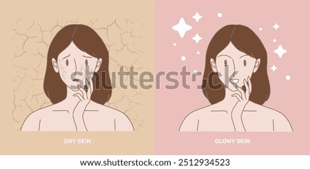 Face of woman with skin problem compare with healthy skin. Girl touching dry skin and glowy skin by hand. Cracked background isolated. Hand drawn flat cartoon character vector illustration.