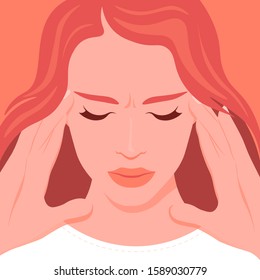 Face of a woman suffering from headache and migraine. Overwork. Symptom of influenza and other diseases. Stress. Vector flat illustration